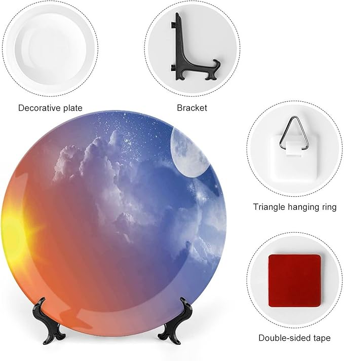 6 Inch Decorative Plate, Macrocosm Dinner Plate, Full Moon Sun Clouds Cycle of the Galaxy Sacred Movement Print Ceramic Wall Hanging for Fine Dining For Upscale Events, Dinner Parties, Weddings