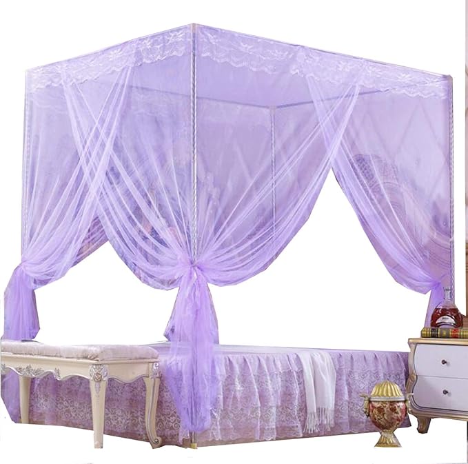 4 Corners Princess Bed Curtain Canopy Canopies for Girls Boys Adults Bed Gift (Queen, Purple)