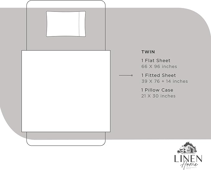 Linen Home 100% Cotton Percale Sheets Twin Size, Silver, Deep Pocket, 3 Pieces Set - 1 Flat, 1 Deep Pocket Fitted Sheet and 1 Pillowcase, Crisp Cool and Strong Bed Linen