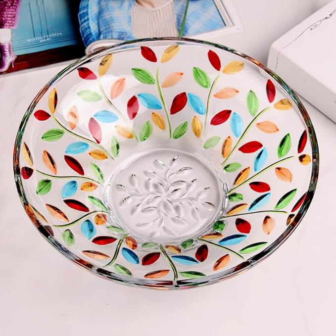 Decorative Bowl, Large Hand Painted Glass Crystal Fruit Bowl for Decor, Colorful,11.8 in Diameter