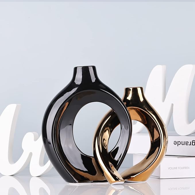 Black Gold Ceramic Vase Set of 2 for Modern Home Decor,Round Boho Vase for Pampas Grass,Neutral Minimalist Statue for Dining Room Table Centerpiece Dining Room,Wedding Table Decoration