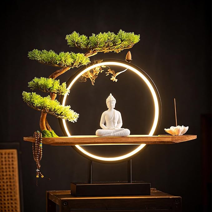 Shakyamuni Buddha Ceramic Statue Indoor Backflow Incense Burner with Led Ring Light，Meditation Decoration for Home and Office, Suitable for Cone and Stick Incense