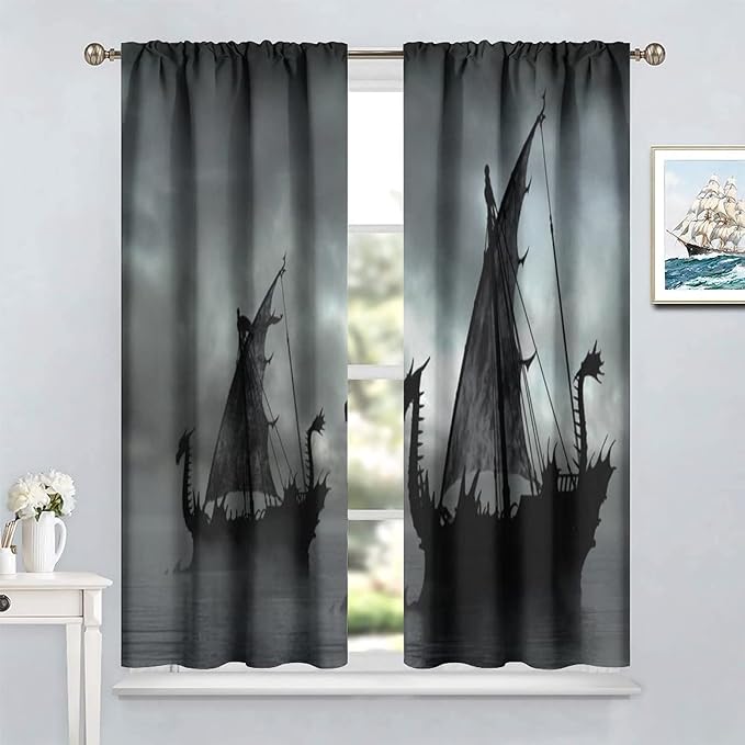 Viking Ship Blackout Curtains,Gloomy Misty Lake Landscape Fantasy Black White Color Sailing Dragon Boat Window Drapes for Boys Girls Bedroom Living Room,Norse Decor 63x72in