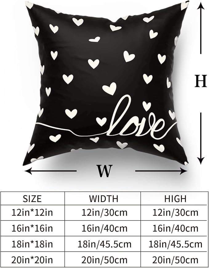 Giwawa Valentines Day Pillow Covers Set of 2 Black Love Hearts Throw Pillowcases Romantic Decorative Double Sided Cotton Square Cushion Covers 20x20inch for Sofa Couch Bedding Wedding Anniversary