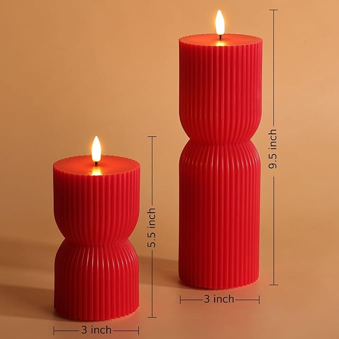 Red Ribbed Flameless Pillar Candles with Remote, Christmas LED Wax Candles Flickering Battery Powered Set of 2