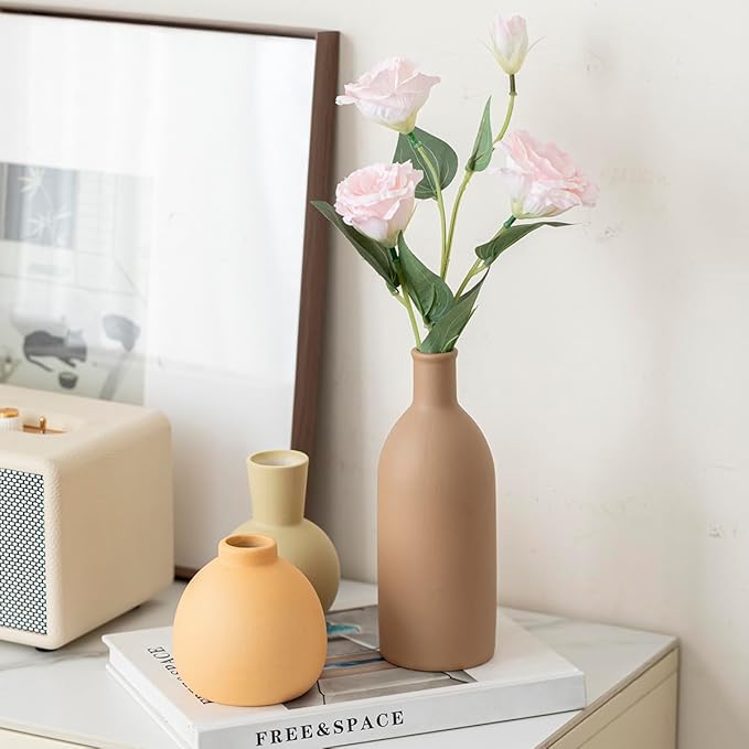Modern Ceramic Vase Set of 3, Decorative Flower Vases for Home, Multicolor Pottery Vases for Living Room, Kitchen, Bedroom, Shelf, Rustic Farmhouse (Light Green Mix)