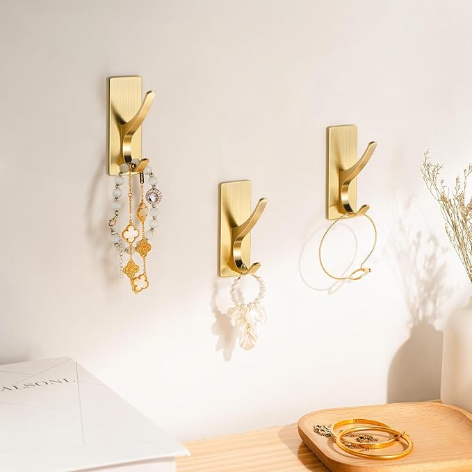pickpiff Self Adhesive Coat Hooks for Hanging, Heavy Duty Stainless Double Wall Hook for Towel, Backpack, Hat, Sturdy Metal Hanger for Bathroom, Bedroom, Door, Wall Mounted, 4-Pack, Brushed Gold