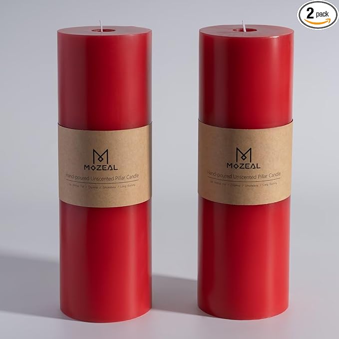 MOZEAL 4" x 12" Extra-Large Red Pillar Candles (Set of 2), Unscented,Dripless, Smokeless,Long Clean-Burning,These Tall 12 inch Large Red Pillar Candles Perfect for Weddings and Christmas Decor