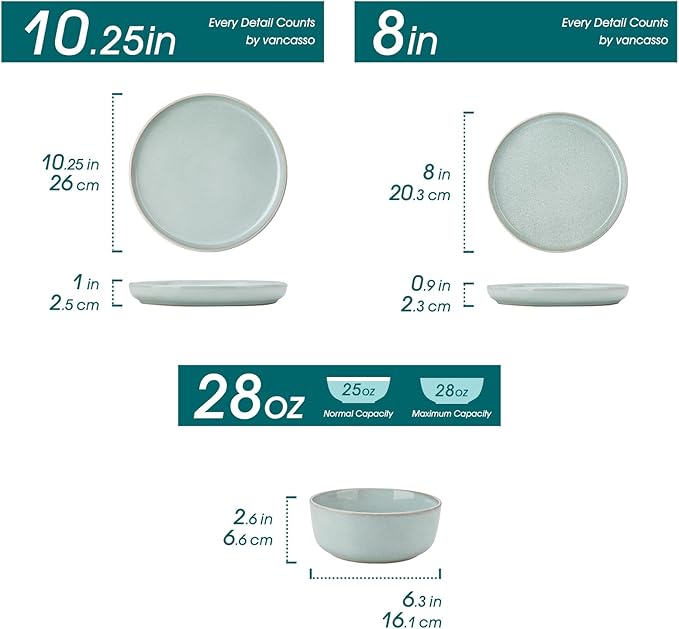 vancasso ANYA 24 Pieces Plates and Bowls Set, Mint Green Dinnerware Sets, Reactive Glaze Dishes Set for 8, Ceramic Dishware Sets Kitchen Dinner Set, Microwave & Dishwasher Safe
