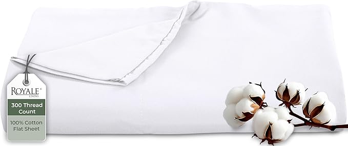Royale Linens 300 Thread Count 100% Long Staple Combed Cotton Flat Sheet - Super Soft - Top Sheets - Queen Flat Sheet Sold Separately - Breathable, Cool & Crisp Percale Sheets Only (Queen, White)