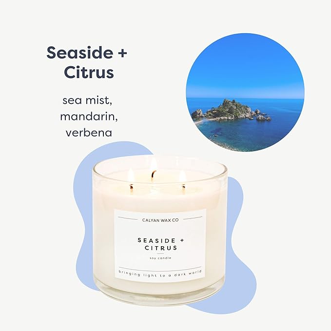 Calyan Wax Co. 3 Wick Candle, Seaside + Citrus Scented Candle, 43 Hour Burn Time, 3 Wick Soy Candles, Non Toxic & Vegan Soy Wax, Glass Jar Scented Candles, 14.9oz