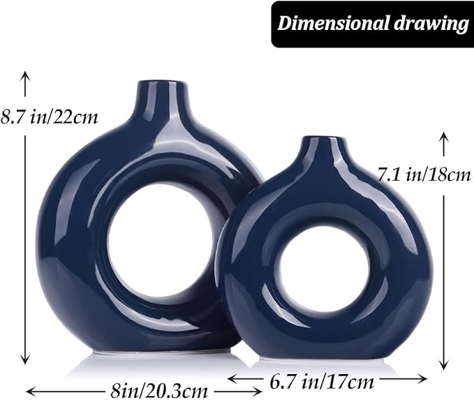 Bright Blue Ceramic Vase Set of 2 - Decorative Circular Blue Vases for Centerpieces, Farmhouse and Home Decor - Ideal for Living Room, Kitchen, Bedroom, Dining Table and Office Decor