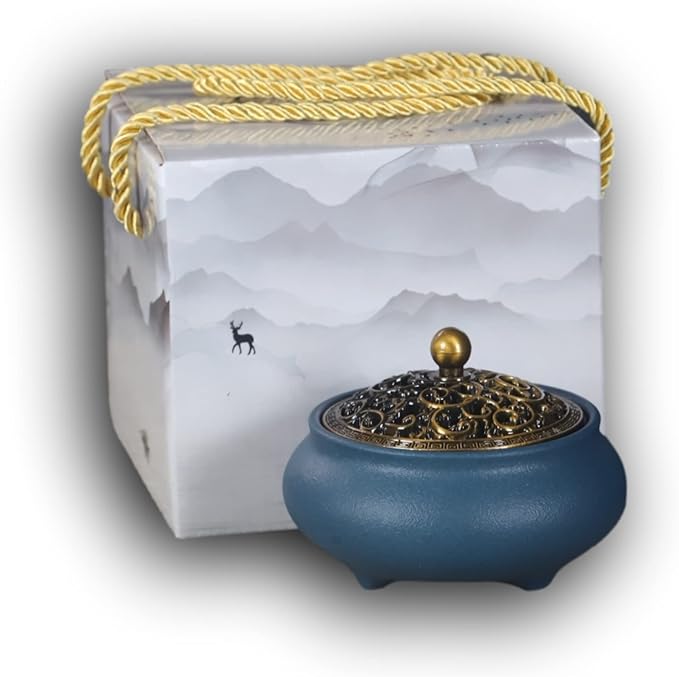 Ceramic Incense Burner Gift Set with Carved Metal Lid, Incense Holder, and Fireproof Cotton – for Stick, Cone, Coil, Sage & Frankincense – Elegant Home & Meditation Decor – Gift Boxed by SIKZU.(Blue)
