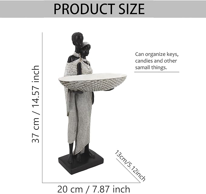 Ivory White African Couple Statue - Minimalist Standing Figure with 7.8" Basket, Resin Home Decor for Small Items, Neutral Shelf Accent (12.5" H)