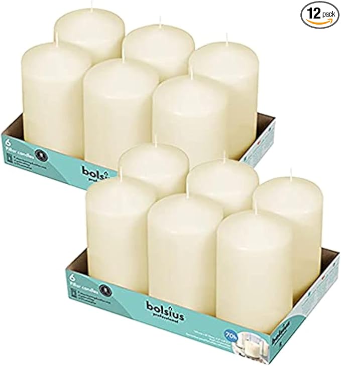 BOLSIUS 12 Ivory Pillar Candles Bulk - 3x6 Inches Candle Set - 70+ Hours Clean Burning - No Palm Oil - 0% Animal Fat - Premium European Quality - Unscented Dripless Party Pillars