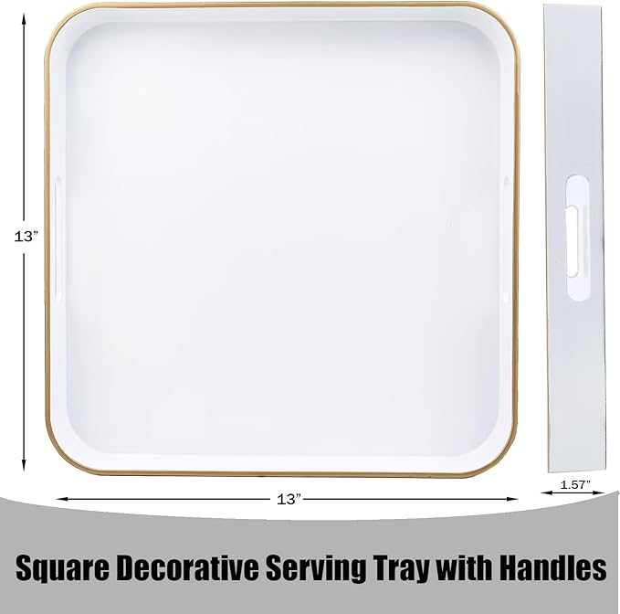 White Square Decorative Tray with Handles, 13"*13" Versatile Serving Tray for Coffee Table, Ottoman, Ideal for Serving, Displaying, Organizing
