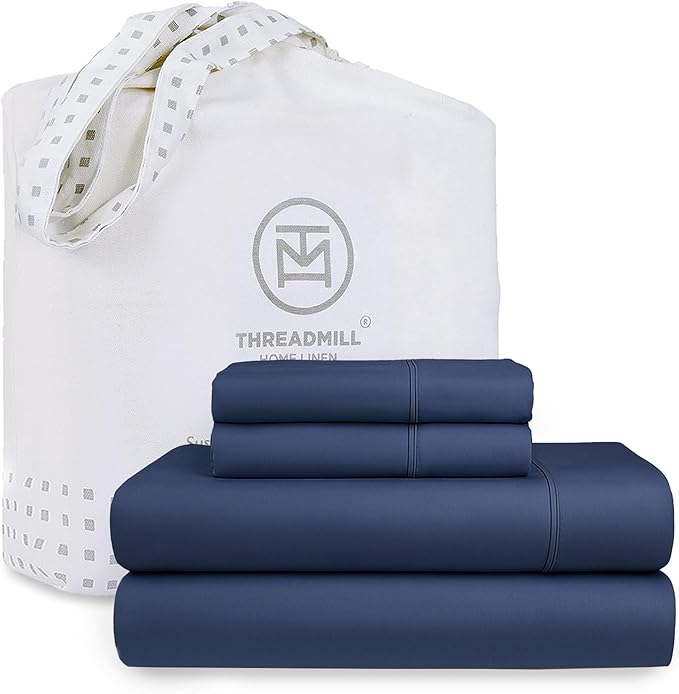 Threadmill Cotton Full Size Sheet Set| 100% Cotton Sheets for Full Size Bed | Solid Sateen Full Bed Sheets Set with 16” Elasticized Deep Pocket | Soft Breathable 4pc Cooling Sheet Set | Folkstone Blue