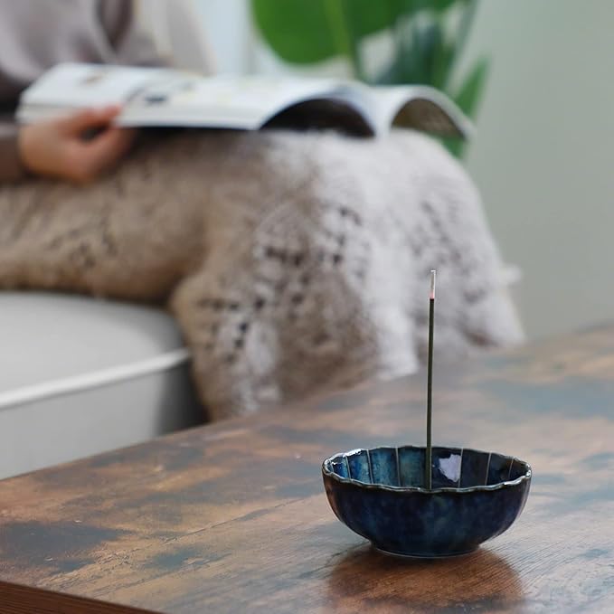 Asayu Japan Lotus Incense Holder for Sticks 4.1 inch (105 mm), Traditional Made in Japan Ceramic Ash Catcher and Brass Incense Burner Set - Navy Dark Blue Lotus