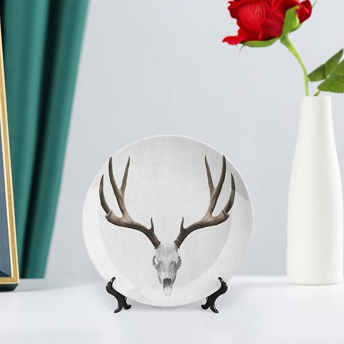 XISUNYA 10 Inch Decorative Plate, Antlers Ceramic Stoneware, Deer Skull Skeleton Head Bone Halloween Print Ceramic Display Plate for Decorative Ornaments Giving Plates, 1 Plate with 1 Display Stand