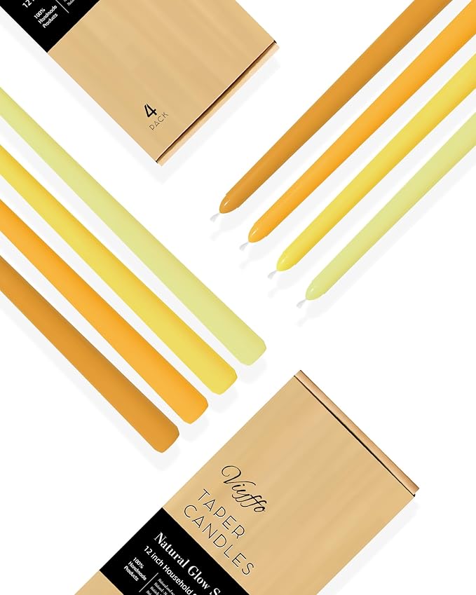 Viyffo Taper Candles 12 Inch 4 Pack Yellow, 9 Hour Burn Unscented Dripless & Smokeless Decorative Candles for Dinner, Wedding & Home Decor