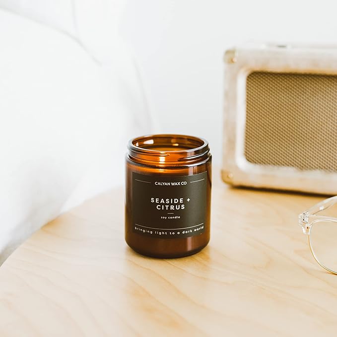 Calyan Wax Co. Soy Wax Candle, Seaside + Citrus Scented Candle, 57 Hour Burn Time, Aromatherapy Soy Candles, Non Toxic & Vegan Soy Wax, Amber Glass Jar Scented Candles, 7.2oz