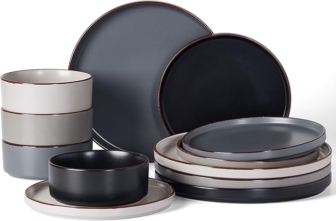 Famiware Nebula Ridge Stoneware Dinnerware Sets, Plates and Bowls Sets for 4, 12 Pieces Dishes Set, Microwave and Dishwasher Safe Kitchen Plates, Multi-color