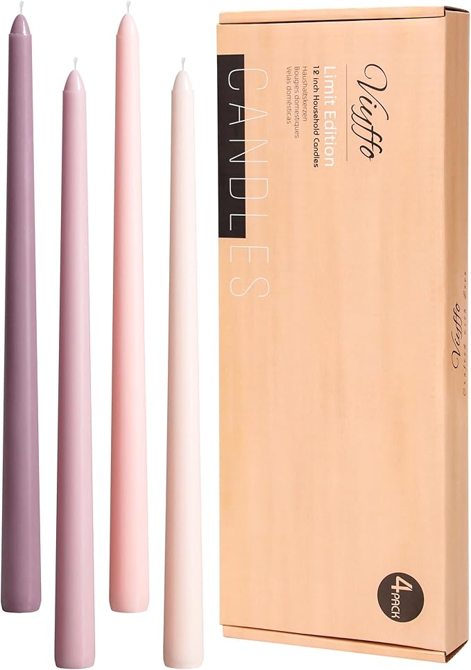 Viyffo 12 Inch Taper Candles Pink with a Purple Hue Set of 4 Unscented Smokeless Long Tall Tapered Candle for Candlesticks Sticks Wedding Advent Home Decor Dinner Christmas