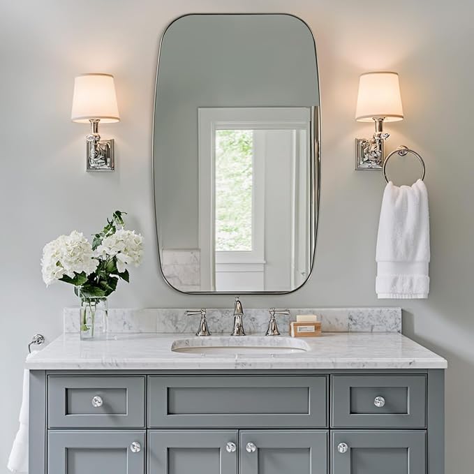 ANDY STAR Brushed Nickel Bathroom Mirror, Large 24x36’’ Brushed Nickel Metal Framed Oblong Wall Mirror, Modern Nickel Oval Vanity Mirror