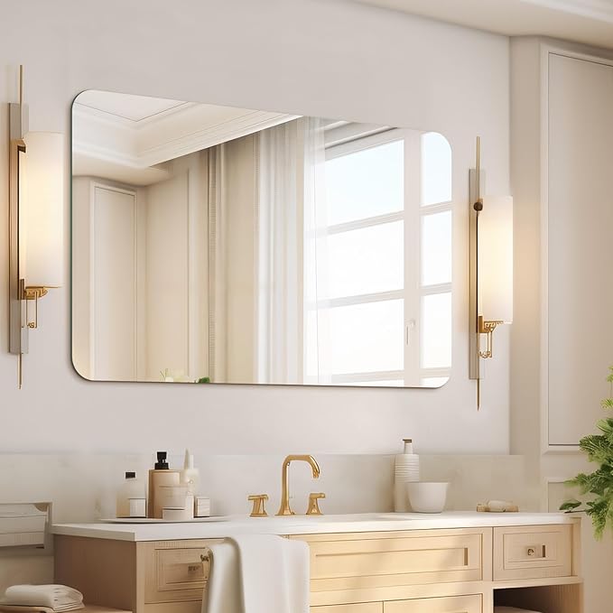 Mirrorons 48 x 30 Frameless Bathroom Mirror, Rounded Corner Bathroom Vanity Mirror, Modern Wall Mounted Vanity Mirror for Living Room, Bedroom, Bathroom, Entryway (Horizontal/Vertical)