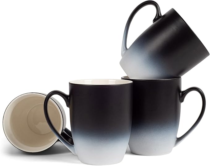Elanze Designs Black White Two Toned Ombre Matte 12 ounce Ceramic Stoneware Coffee Cup Mugs Set of 4