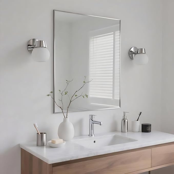 24x32 Inch Nickel Bathroom Mirror for Wall, Aluminum Frame Rectangle Rectangular Vanity Mirror, Modern Large for Bedroom, Living Room, Horizontal or Vertical