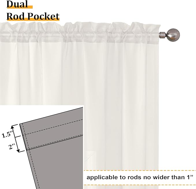 Aiyufeng Modern Sheer Window Curtains, Rod Pocket Long Curtains Translucent Drapes Semitransparent Privacy with Light Through for Bedroom/Living Room, Ivory, W40 x L96, 2 Pieces