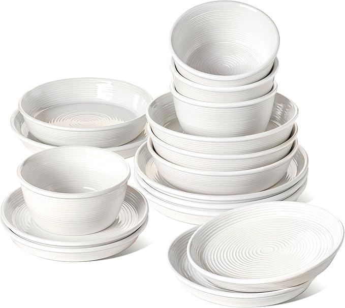 LE TAUCI 16-Piece Ceramic Dinnerware Set with Pasta Bowls (30 oz), Service for 4 – White Farmhouse Plates & Dishes (10" Dinner, 8" Salad, 6" Bowls, 8.5" Pasta) for Housewarming, Wedding Registry Gift