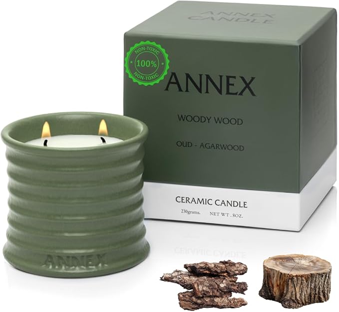 Scented Luxury Candles in Handmade Ceramic Jars, Soy Wax | Woody Wood – Oud & Agarwood, Large Candle | Non Toxic, 2 Wicks, Reusable Big Olive Green Jar | Natural Spring Aromatherapy for Women & Men