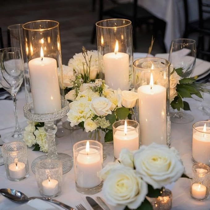 Set of 3 White Pillar Candles and Glass Candle Holders, Clear Cylinder Vases Pillar Candle Holders for Pillar Candles, Hurricane Candle Set for Party, Table, Home Decor, Wedding Centerpieces