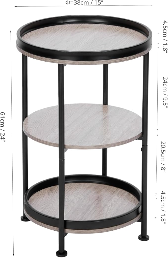 Dulcii Side Table, Round End Table with 3 Storage Shelves for Living Room, Bedroom, Nightstand with Steel Frame for Small Spaces, Industrial Round Sofa Table, Outdoor Accent Coffee Table, Oak