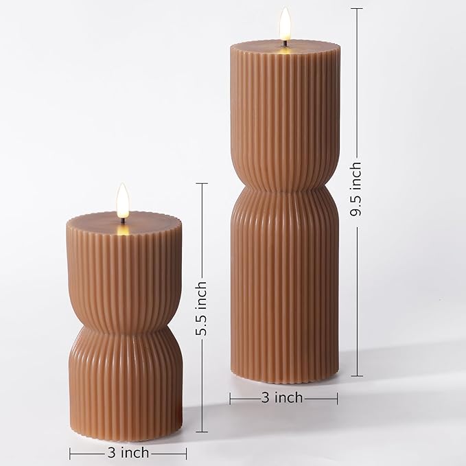 Brown Ribbed Flameless Pillar Candles with Remote, Real Wax Flickering Fall Battery LED Candles Set of 2