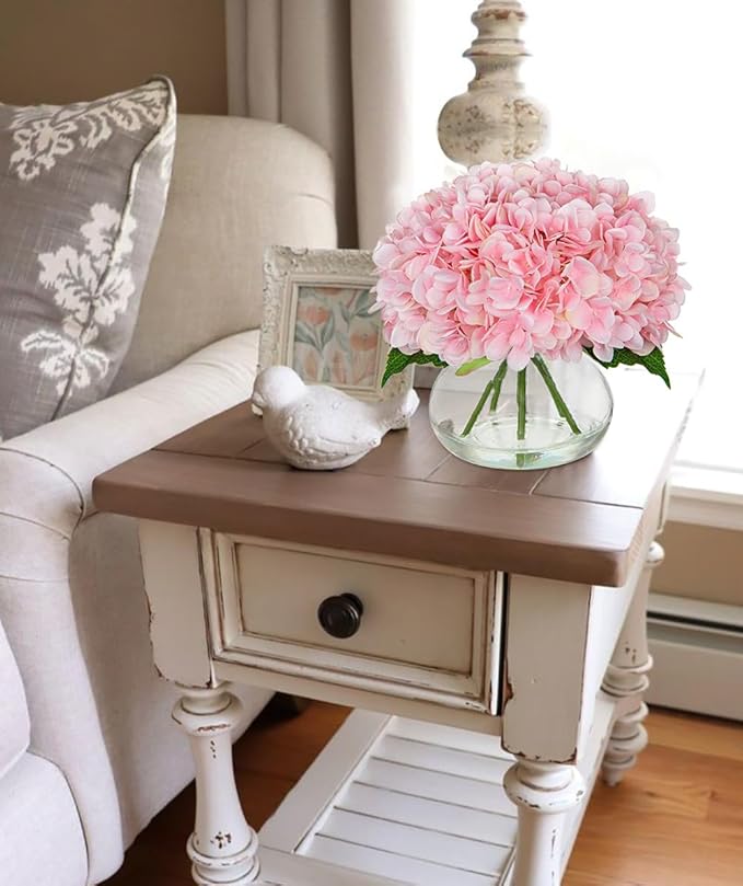 Hollyone Hydrangea Artificial Flowers with Glass Vase Pink Silk Faux Flowers Arrangements with Clear Faux Water Fake Floral Bulk Bouquet for Home Decor Table Centerpiece Decorations