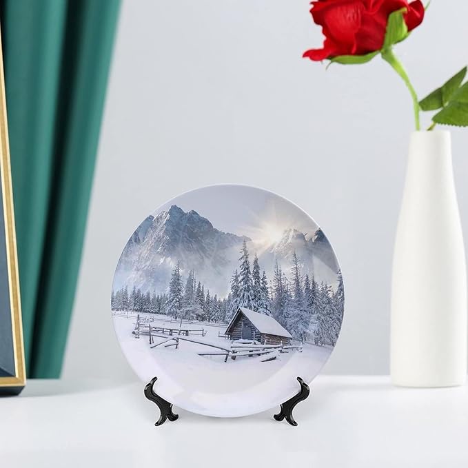7 Inch Decorative Plate, Winter Ceramic Craft, Old Farm House by Mountain in Cold Times Rural Nature Print Ornament Display Plate for Dining Table Setting, Wedding Decorations, Christmas Tablescape