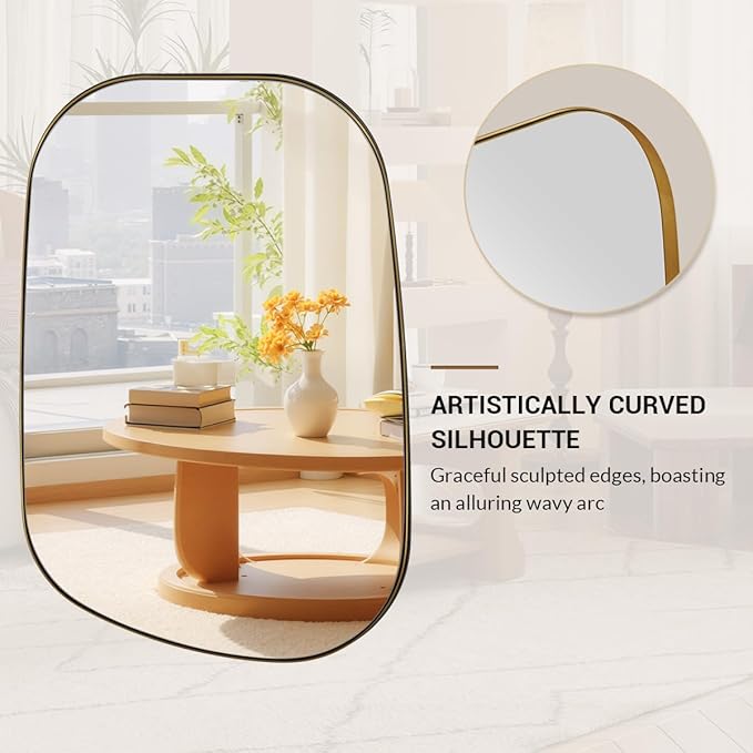 ANDY STAR 30"x40" Asymmetrical Wall Mirror，Brushed Gold Irregular Bathroom Mirror with Stainless Steel Metal Frame, Large Wall-Mounted Mirror for Bathroom, Entryway (Horizontal/Vertical)