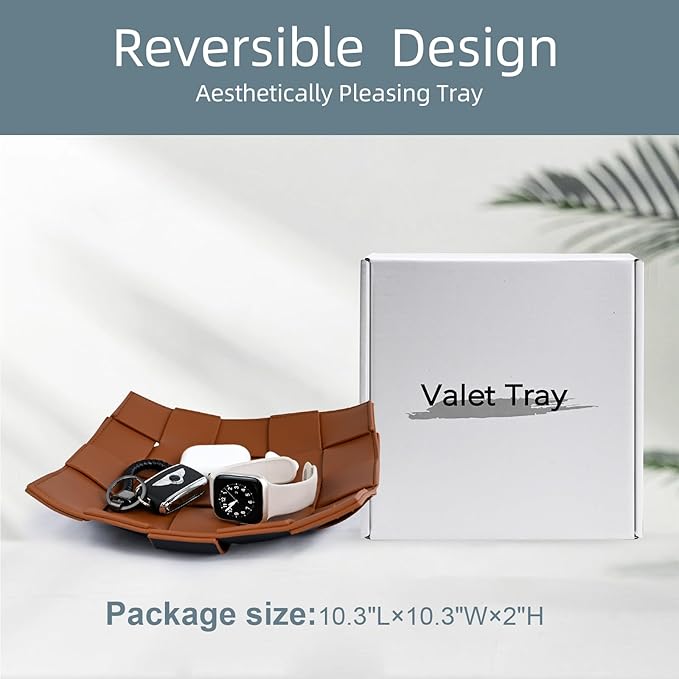 Valet Tray PU Leather Key Holder Bowl for Men Entryway Table Nightstand Desk Tray for Wallet, Keys Men's Gift - Brown & Black, 9.8" L x 9.8" W x 2" H