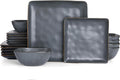 Famiware Dinnerware Sets for 6, Ocean Square 18-Piece Kitchen Plates and Bowls Sets, Microwave and Dishwasher Safe, Scratch Resistant, Matte Black