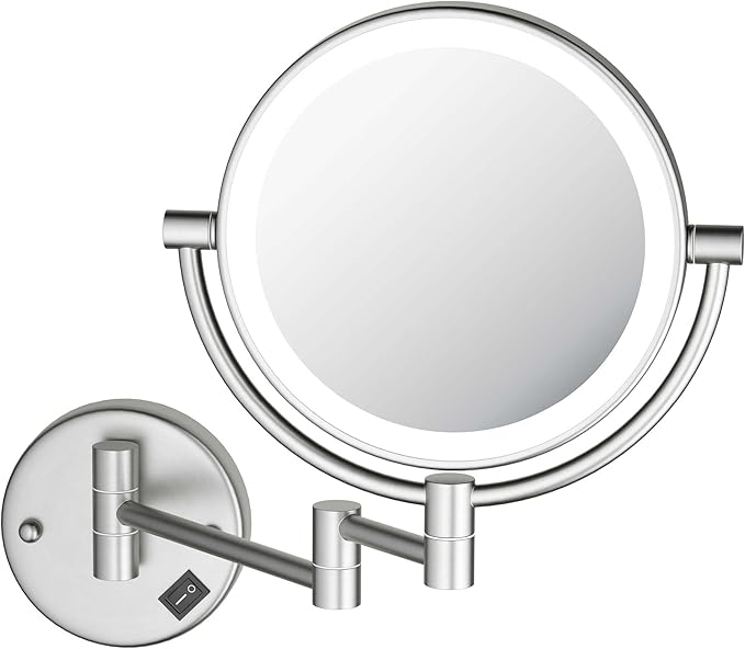 KIBI Circular Wall Mount Makeup Mirror with LED Lights, Dual-Sided 1x/5x Magnifying Mirror with Adjustable Arm, 360° Swivel, Solid Brass Construction for Durability and Style (Brushed Nickel, KMM101)