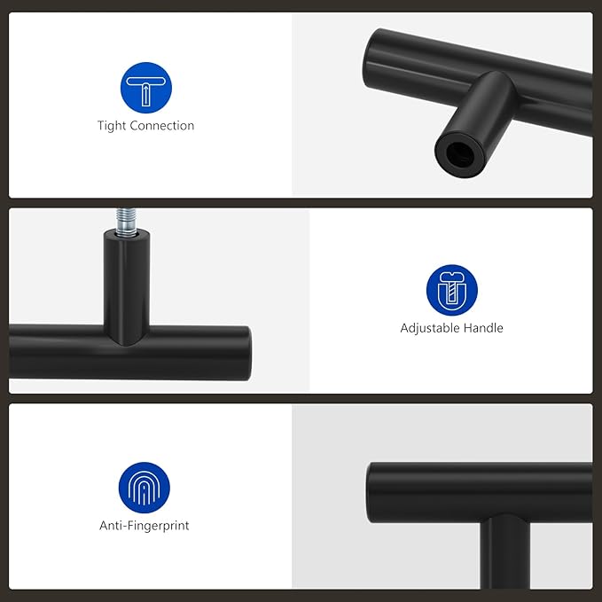 LONTAN 6 Pack Black Knobs for Cabinets and Drawers Kitchen Cabinet Knobs for Dresser Bathroom Modern T Bar Furniture Black Hardware,Stainless Steel