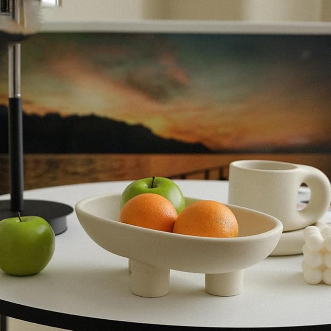 WENSHUO Three-Legs Ceramic Fruit Bowl for Kitchen Counter, Decorative Bowl for Table Décor, 10-inch Oval Large Bowls for Breads (Matte Crème)