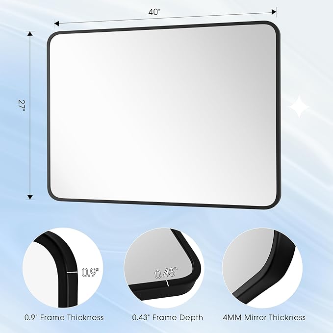 27x40 Inch Rectangle Bathroom Mirror with Black Metal Frame, Rounded Corner Rectangular Vanity Mirror for Wall, Modern Large for Bedroom, Living Room, Horizontal or Vertical