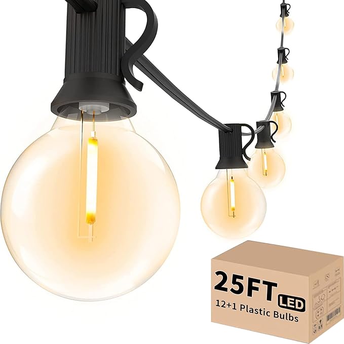 Svater Outdoor String Lights LED 25 FT, Patio Globe Lights with 13 Plastic G40 Bulbs, Waterproof Dimmable Outside Hanging Light for Backyard Bistro Cafe Porch Party Decor, 2700K Warm White