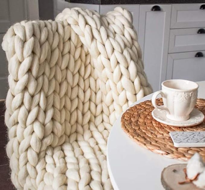 Chunky Knit Blanket Hand Made Merino Wool Throw Boho Bedroom Sofa Home Decor Giant Yarn(Ivory White 60"x60")