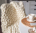 Chunky Knit Blanket Hand Made Merino Wool Throw Boho Bedroom Sofa Home Decor Giant Yarn(Ivory White 60"x60")