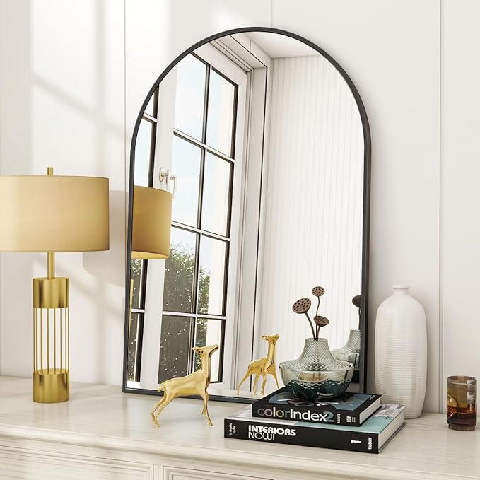 VooBang Arched Wall Mirror, 24 x 36 inch Arch Bathroom Mirror, Wall Mounted Vanity Mirror with Arch Metal Frame, Modern Bathroom Vanity Mirror for Bedroom, Living Room, Hanging or Leaning, Black